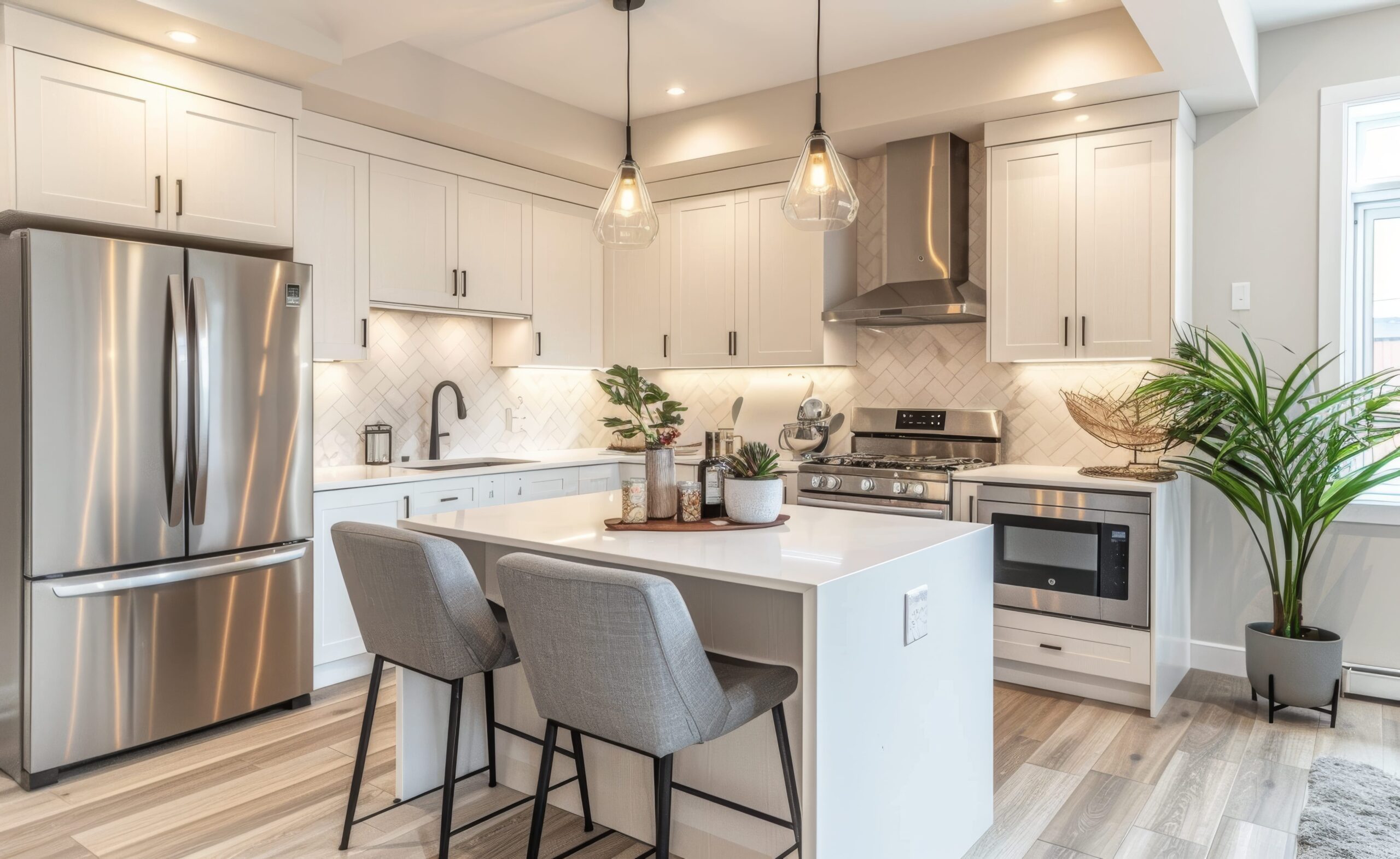 Modern fitted kitchen with white cabinets